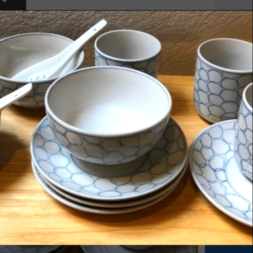 IKEA Sweden Cup Plate Rice Bowl Spoon 14 Pcs Set Blue Bubbles Circles